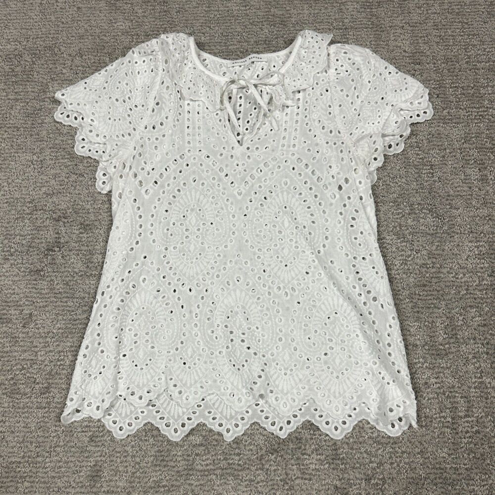 Melissa Nepton Top Womens Small White Eyelet Blouse Ruffle Cotton Coquette Shirt